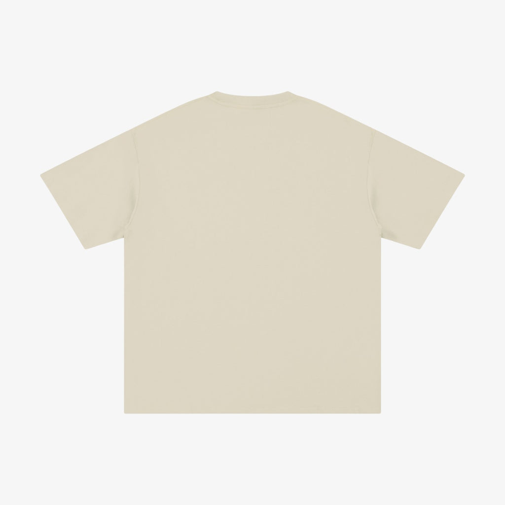 Belvarri beige pure cotton t-shirt with a relaxed loose fit and drop-shoulder silhouette, back view.