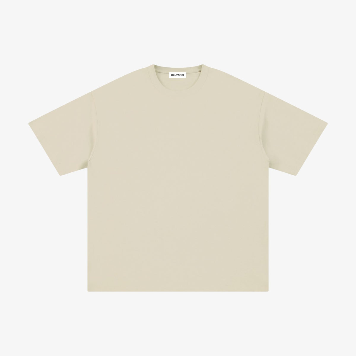 Belvarri beige loose fit cotton t-shirt with a round neckline and drop shoulder silhouette on a plain background