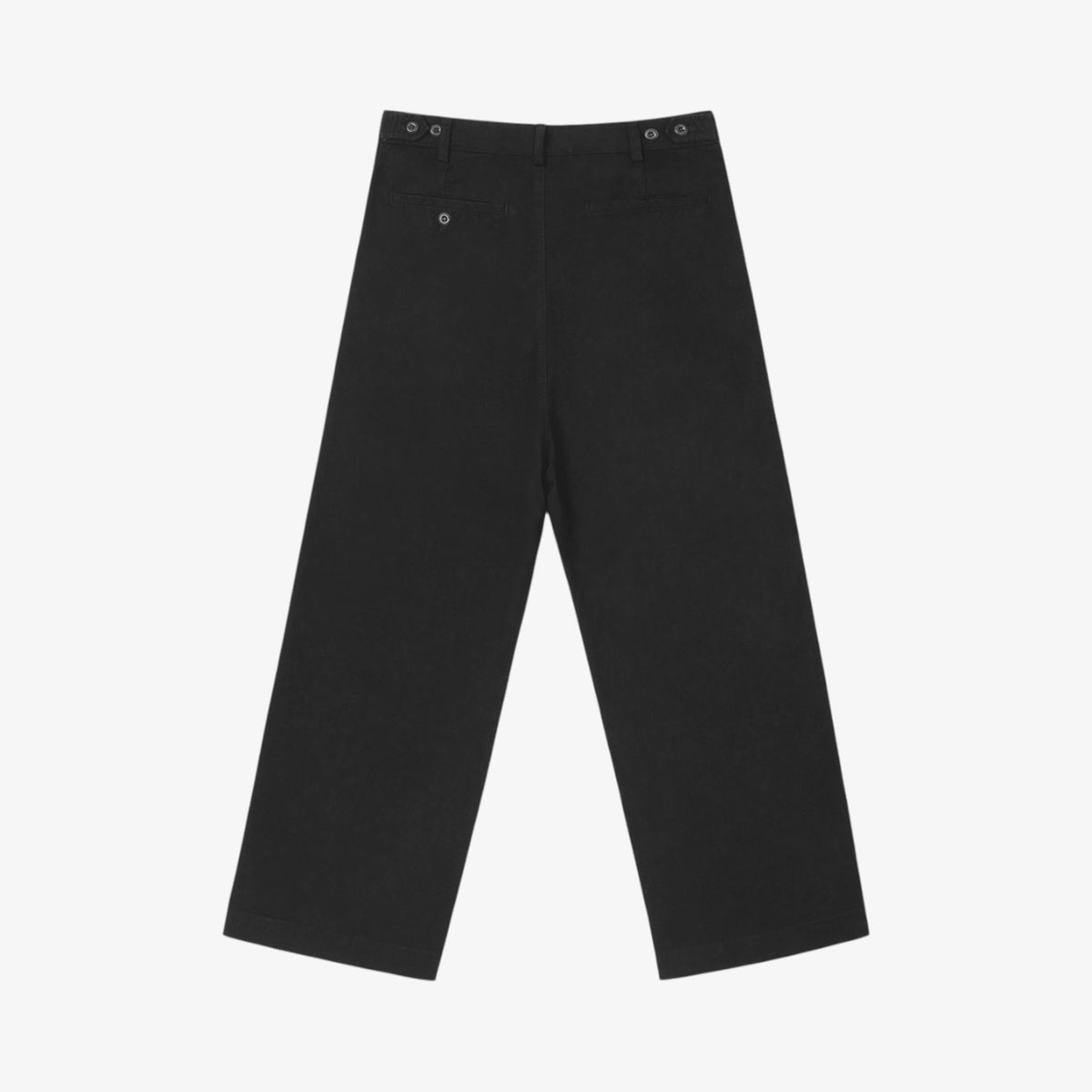Belvarri black cotton straight-leg pants with an adjustable button waist, shown from the back.