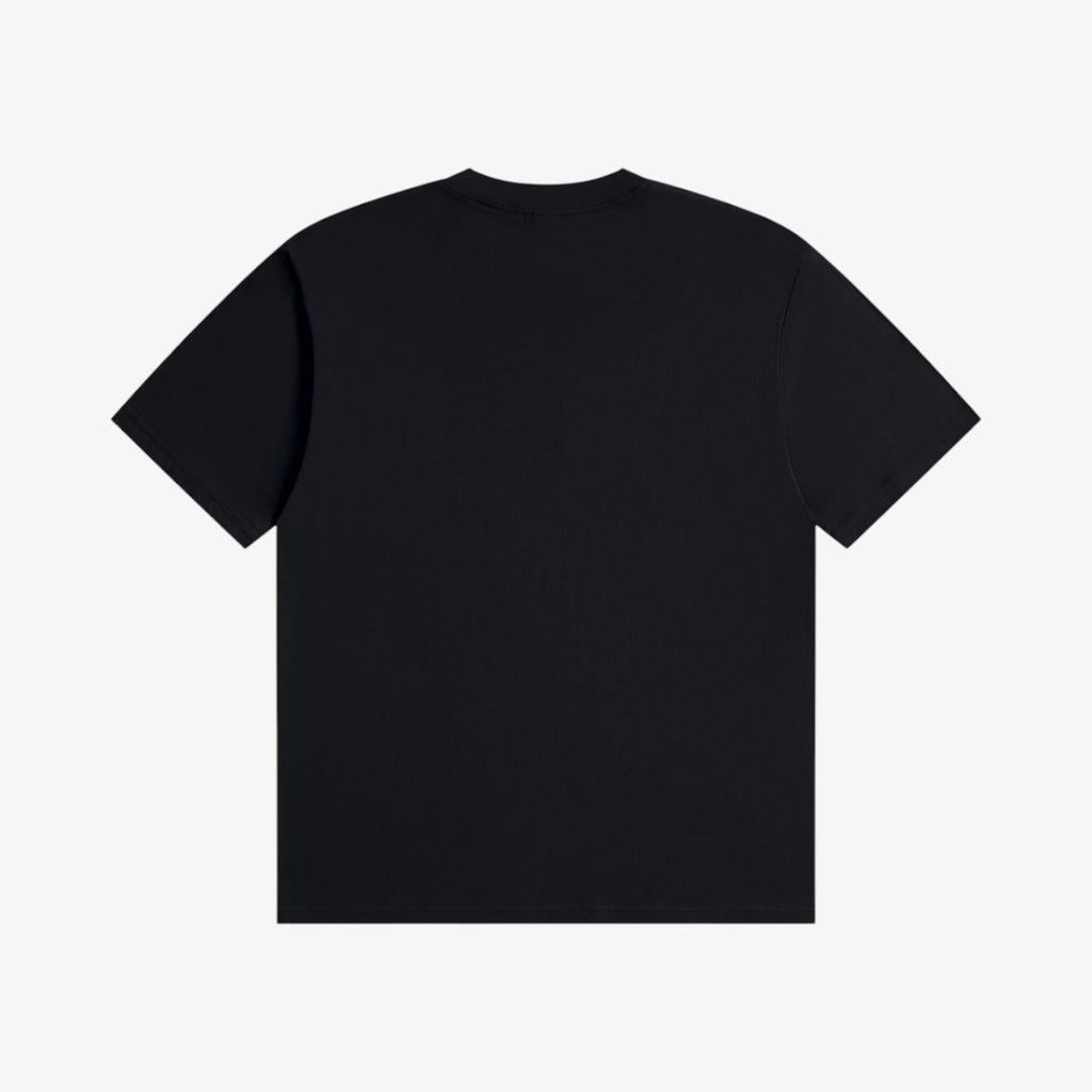 Belvarri black 200gsm cotton t-shirt with a regular fit, round neckline, and short sleeves, back view.