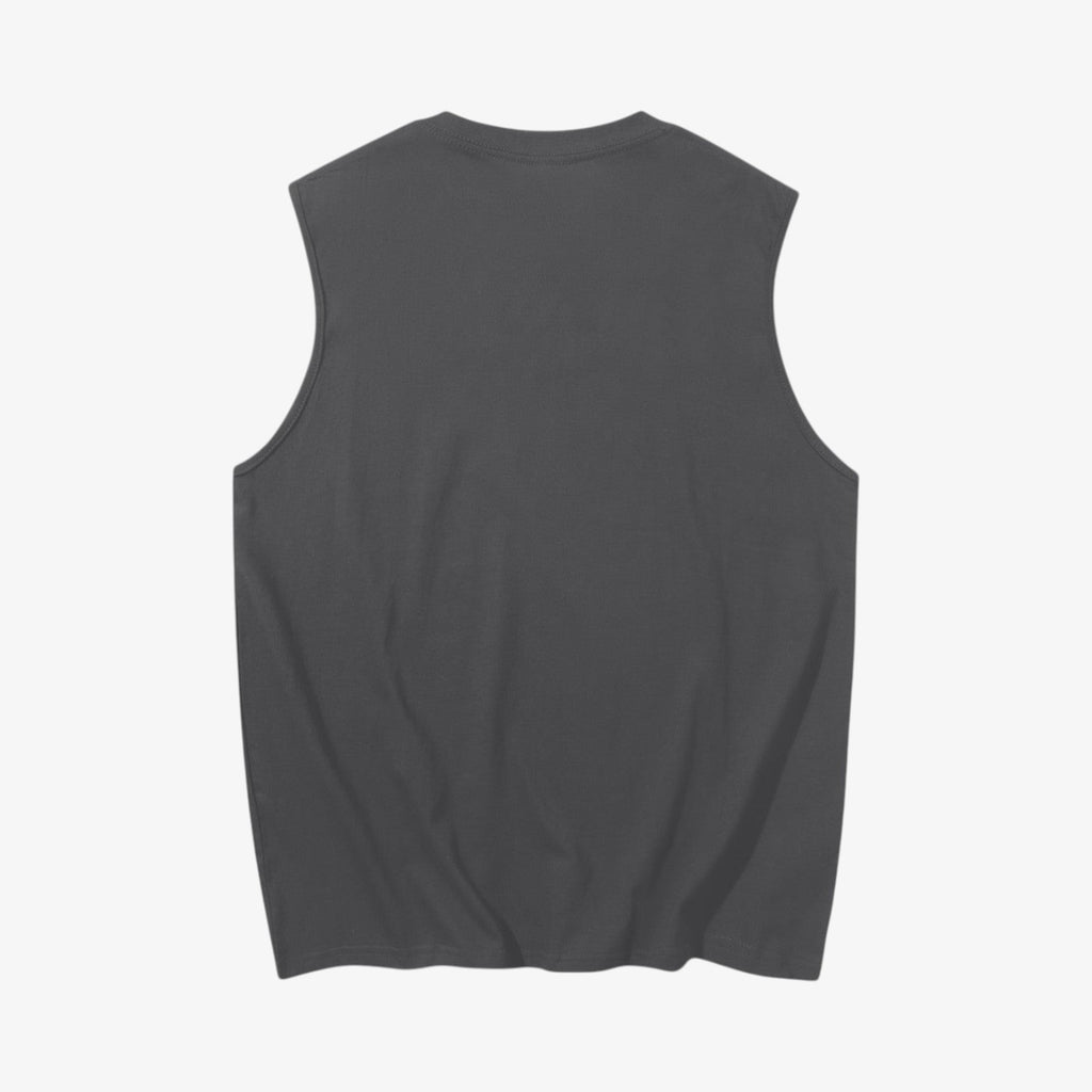 Belvarri charcoal grey cotton tank top with a round neckline and sleeveless design, back view