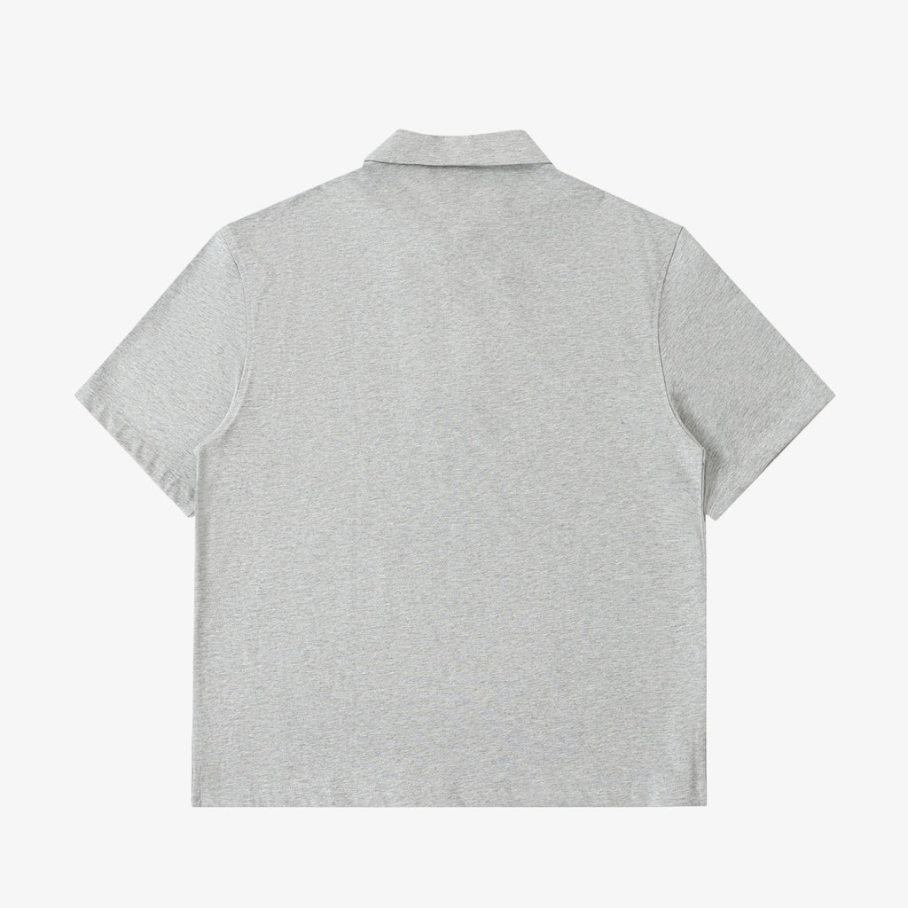 Back view of a Belvarri grey cotton half-zip polo shirt with short sleeves and a loose, relaxed fit.