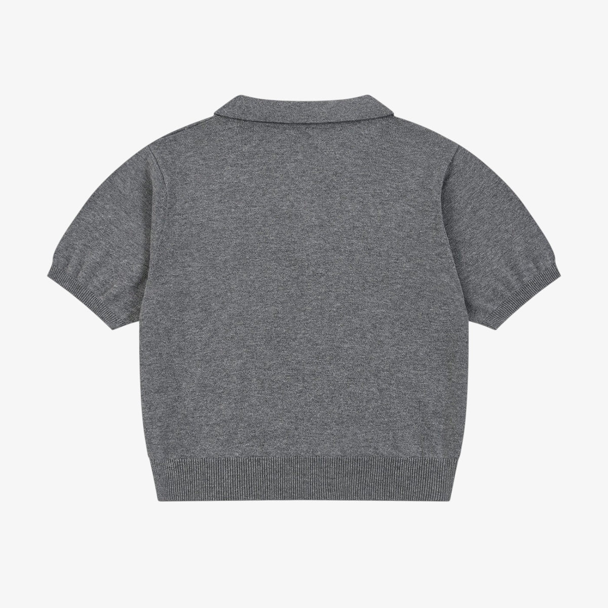 Back view of a Belvarri grey knit cotton polo shirt with short sleeves and a ribbed hem.