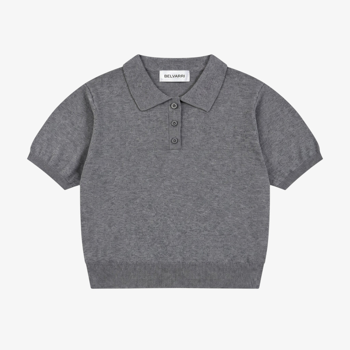 Belvarri grey short-sleeve knit cotton polo shirt with a regular collar and button placket in a loose fit design.