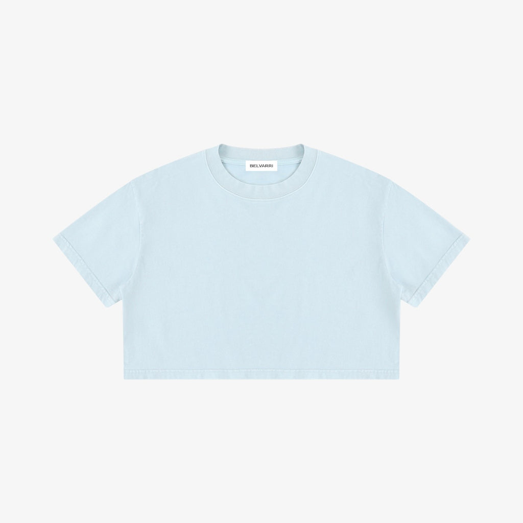 Belvarri light blue mineral wash cotton crop t-shirt with a slim fit, round neckline, and short sleeves.