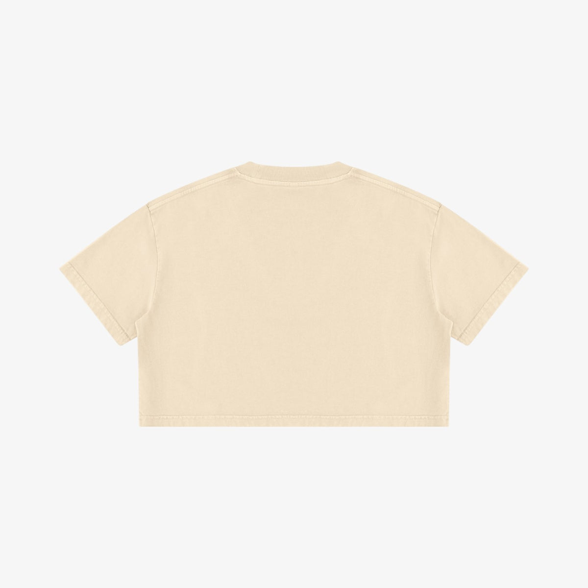 Back view of a Belvarri mineral wash cotton crop t-shirt in a light beige tone with a slim, minimal silhouette.