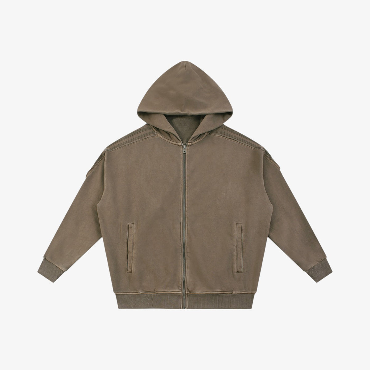 Belvarri heavyweight cotton zip hoodie in a brown snow washed finish with an oversized fit and drop shoulders.