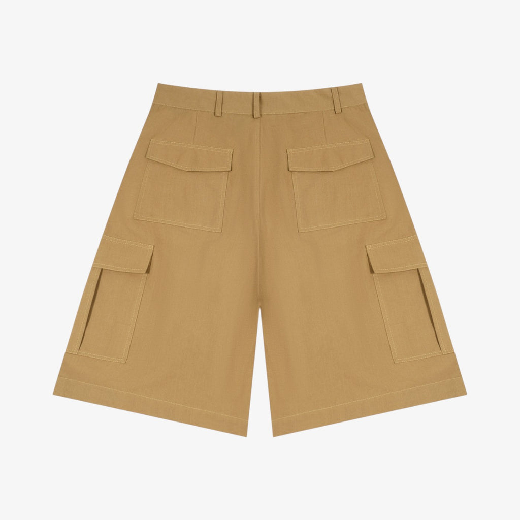 Belvarri tan woven cotton cargo shorts with a loose fit and multiple utility pockets, shown from the back.