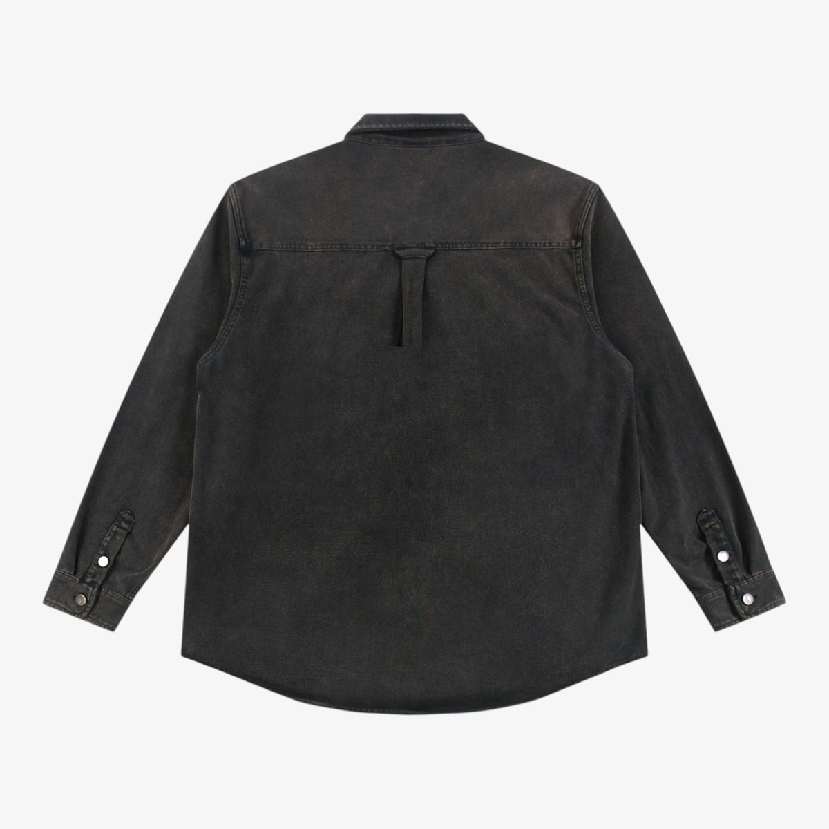 Back view of Belvarri vintage washed black heavyweight cotton denim jacket with button cuffs and yoke detail