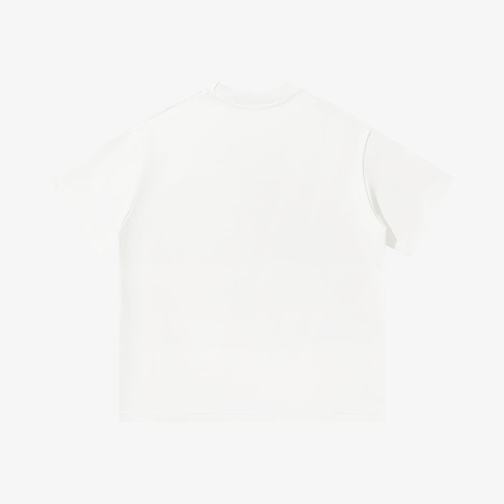 Belvarri white heavyweight oversized cotton t-shirt with drop shoulders and a clean round neckline, back view.